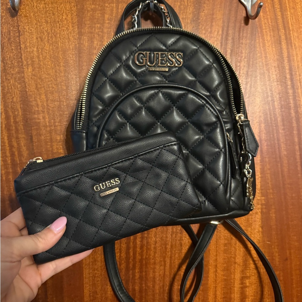 GUESS Black Quilted Backpack and Wallet Set